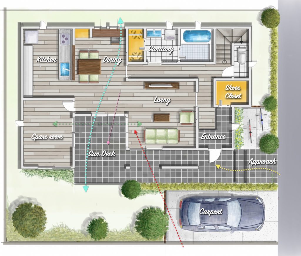 １階の全居室に繋がる広いテラスで自然と親しむ素敵な暮らしを楽しむ間取り、玄関にも繋がるかっこいいダークカラーのタイルテラスはインテリアとしてもおしゃれ。
