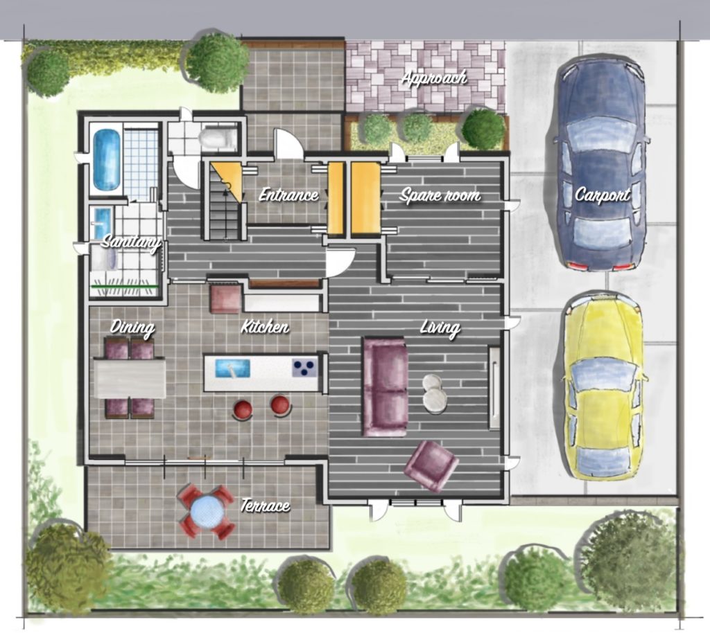 キッチンをLDKの中心にした暮らしやすくおしゃれな間取り例。ダイニング、キッチンからテラスにかけて床を素敵なタイル張りにして実用性と面白味を演出するアイデア。