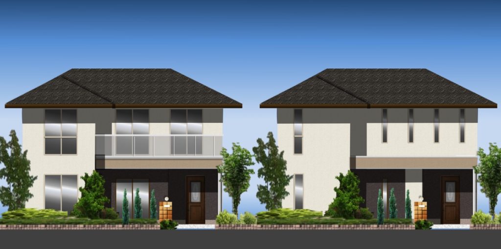 建物外観デザインは北玄関と南玄関の間取りでおしゃれな演出がどの様に変わるかの比較。左が南玄関間取り、右が北玄関の間取りを立面化した図。